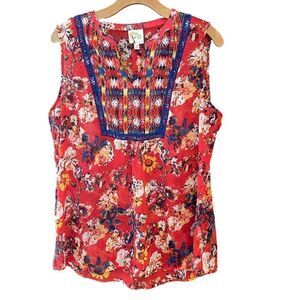 Fig and Flower Sz M Red Sleeveless Summer Detailed Front Floral Flowy Blouse